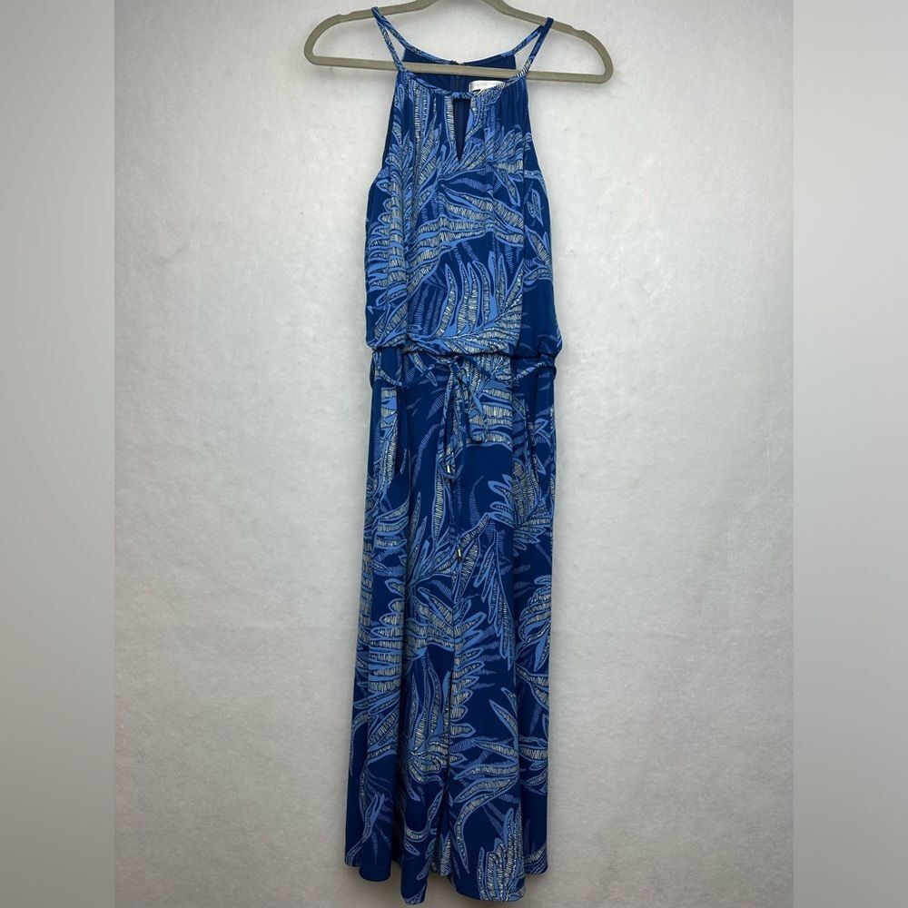 London Times Women's Blue Palm Tropical Halter Jumpsuit/Romper Sz 10 Sleeves